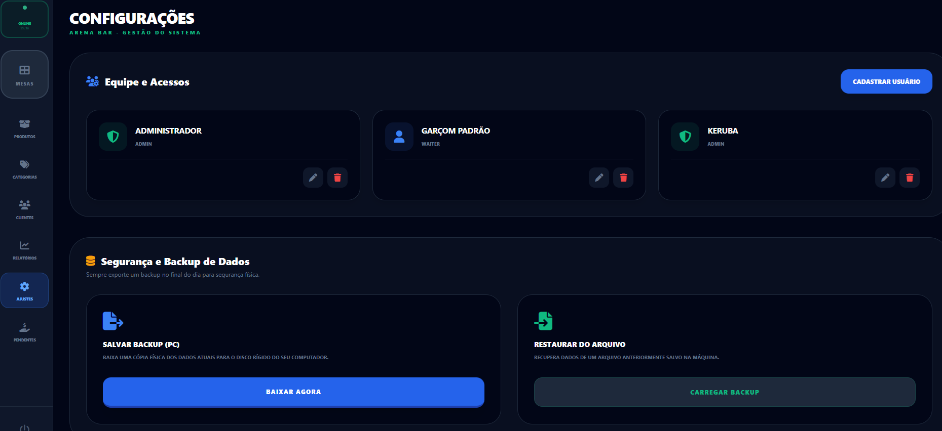 Tela de acesso do sistema de comanda digital